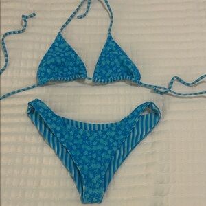 Blue Floral or Striped Bikini - Reversible